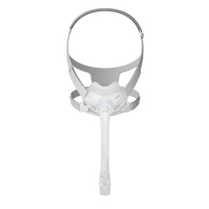 CPAP therapy mask with headgear and long flexible hose for sleep apnea treatment