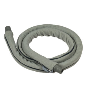 Coiled gray insulated hose with foam padding and plastic end connectors on both ends