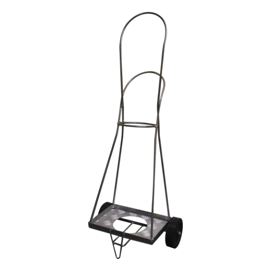 Metal hand truck with a small platform, two wheels, and a tall loop handle for moving heavy boxes or equipment.